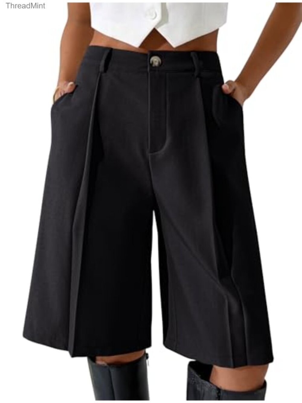 Women's Knee Length Bermuda Shorts with Pockets Wide Leg Casual